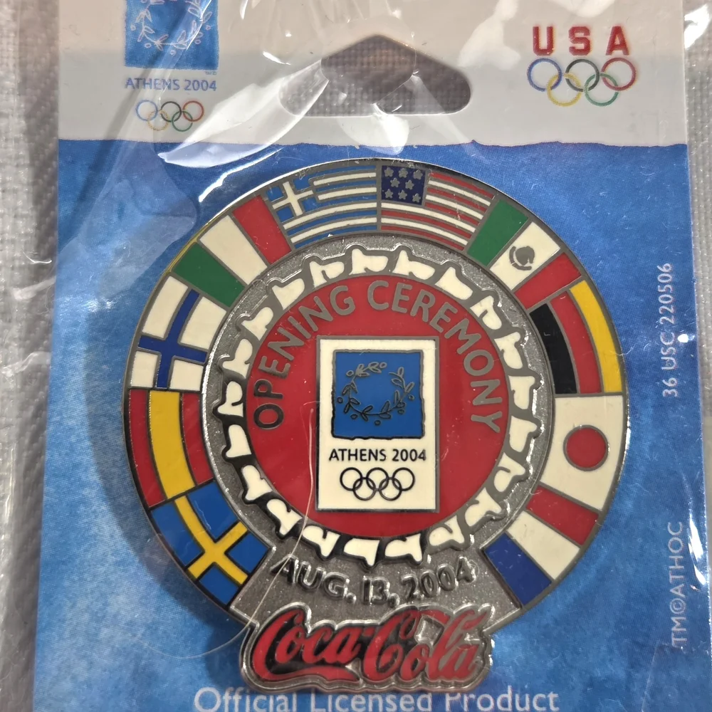 ATHENS OLYMPICS 2 PINS COCA COLA OPENING CLOSING CEREMONIES FLAG OF NATIONS NEW - Picture 2 of 5